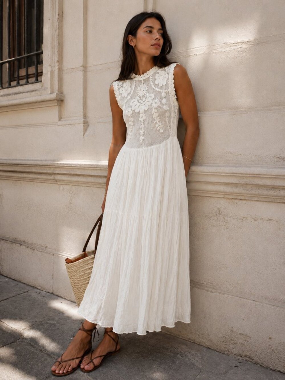 Zara 100% Cotton Ivory Crochet Lace Boho Maxi Dress Runs Small Tagged L Fits M